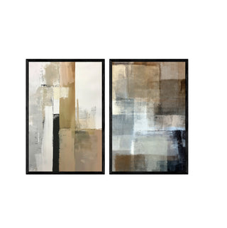 Set Materia, 2 cuadros decorativos abstractos en tonos tierra y gris enmarcados en negro