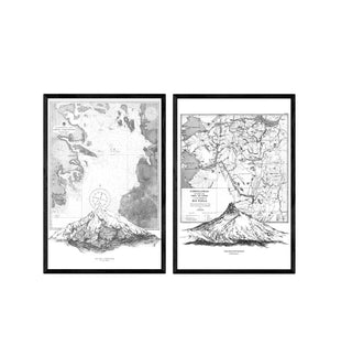 Set Territorios de José Domingo, volcanes chilenos y mapas antiguos en blanco y negro enmarcado en negro